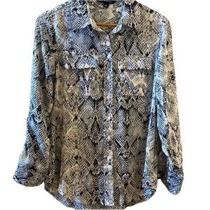 Zac & Rachel Women’s Snake Skin Print Black, Grey & White Button Up Blouse Small